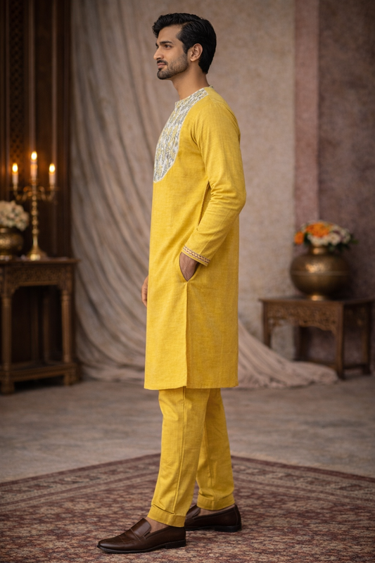Vibrant Mustard Silk Blend Kurta with Floral Yoke Detailing