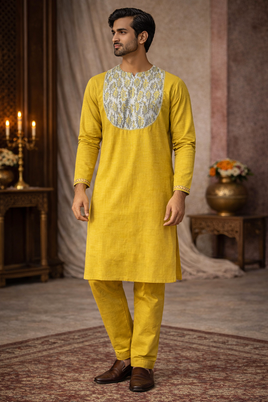 Vibrant Mustard Silk Blend Kurta with Floral Yoke Detailing
