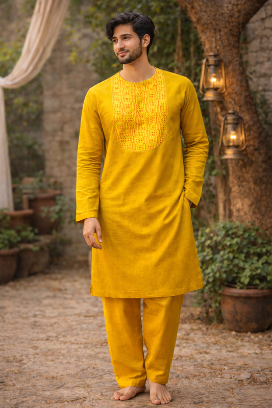 Vibrant Mustard Silk Blend Kurta with Floral Yoke Detailing
