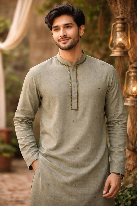 Elegant Sage Green Cotton Blend Kurta with Subtle Buttas