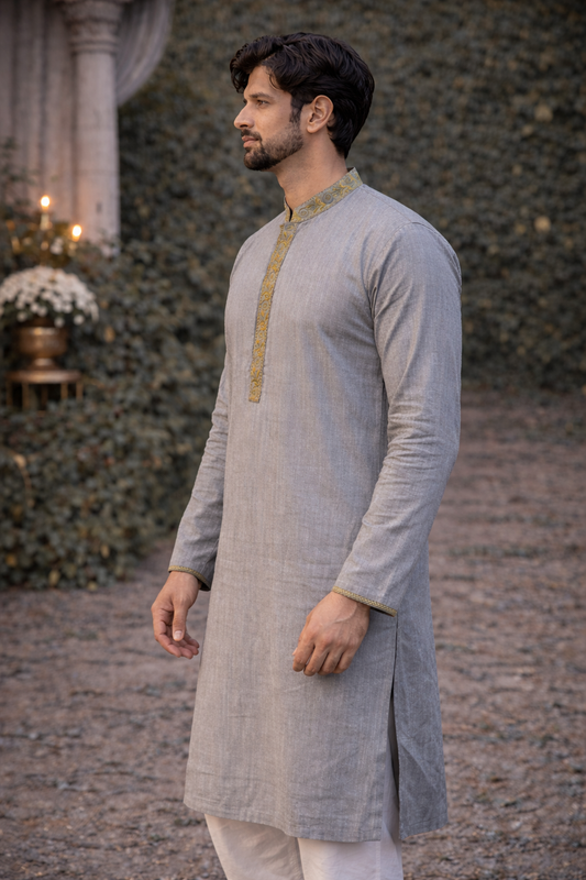 Elegant Steel Grey Silk Blend Kurta with Embroidered Placket