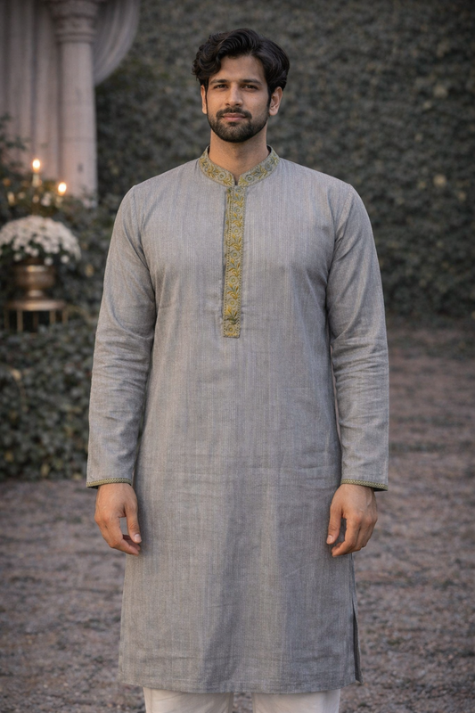 Elegant Steel Grey Silk Blend Kurta with Embroidered Placket