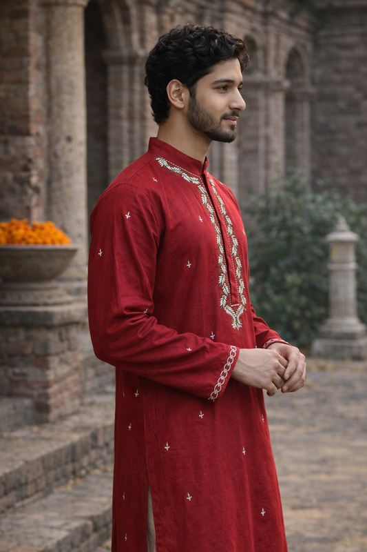 Classic Maroon Silk Blend Kurta with Leaf Embroidery