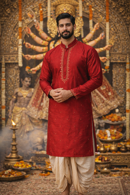 Regal Red Silk Blend Kurta with Gold Embroidery
