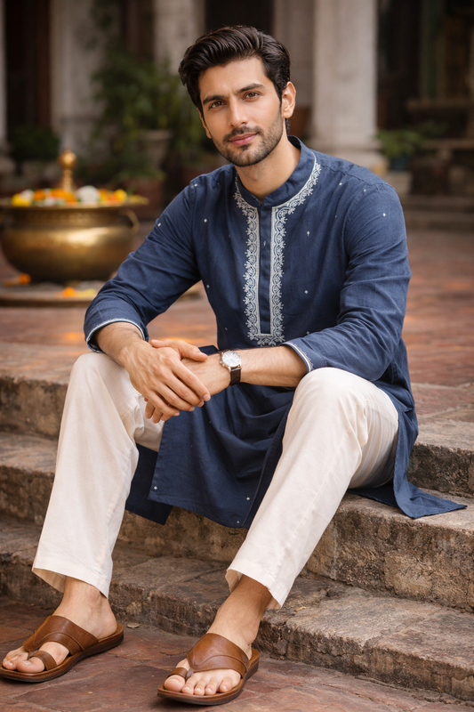 Classic Greyish Blue Silk Blend Kurta with White Embroidery