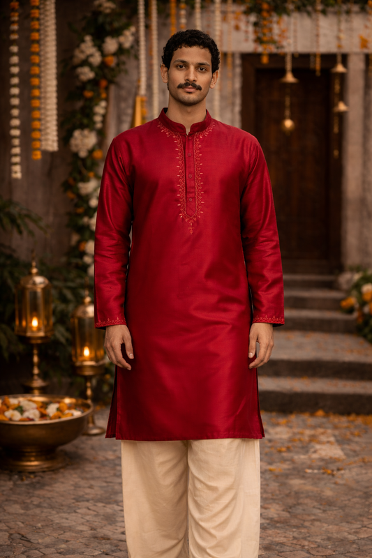 Rich Red Silk Blend Kurta with Elegant Gold Embroidery