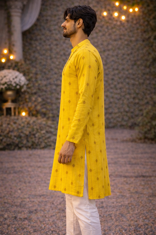 Bright Mustard Printed Cotton Kurta for Vibrant Festive Style