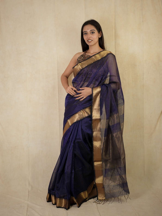 HANDWOVEN BLUE COLOUR MAHESWARI SILK BY COTTON SAREE WITH 88 CM BLOUSE PIECE