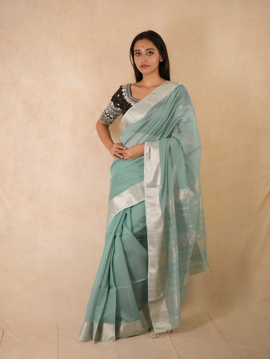 HANDWOVEN PASTEL BLUE COLOUR MAHESWARI SILK-COTTON SAREE WITH 79 CM BLOUSE PIECE