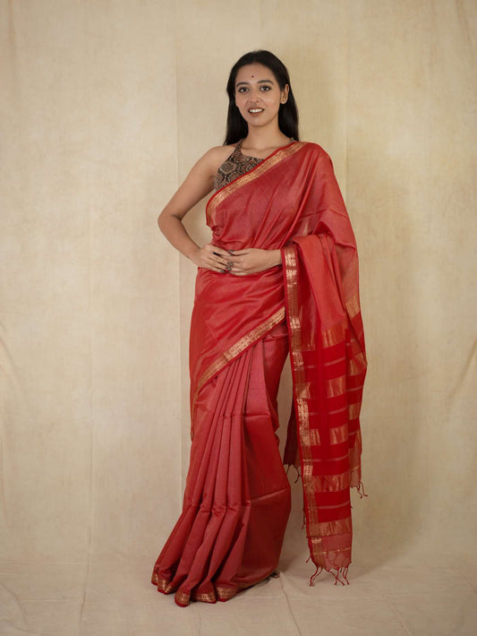 HANDWOVEN RED-BEIGE DUAL TONE MAHESWARI SICO SAREE WITH 83 CM BLOUSE PIECE