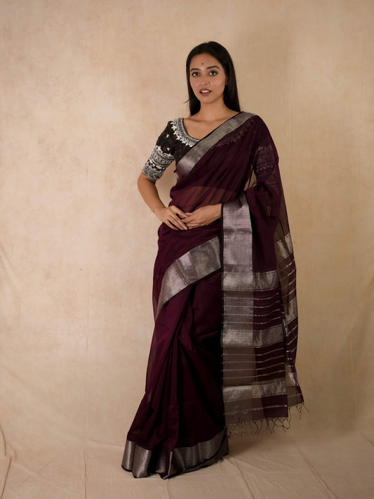 HANDWOVEN DARK MAROON COLOUR MAHESWARI SILK-COTTON SAREE WITH 80 CM BLOUSE PIECE