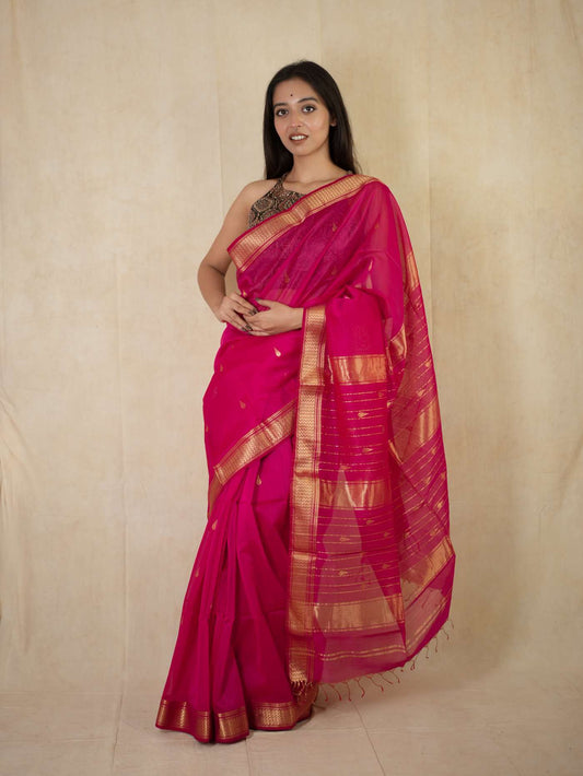 HANDWOVEN PINK MAHESWARI SICO SAREE WITH 85 CM BLOUSE PIECE