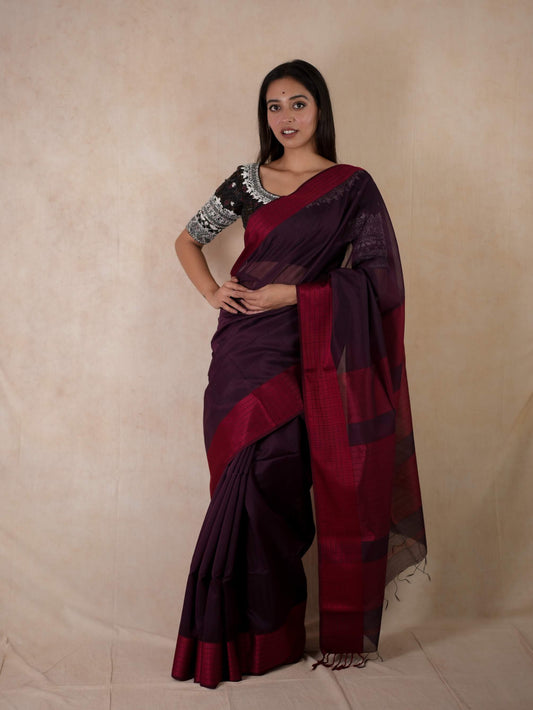 HANDWOVEN PLUM COLOUR MAHESWARI SILK-COTTON SAREE WITH 79 CM BLOUSE PIECE