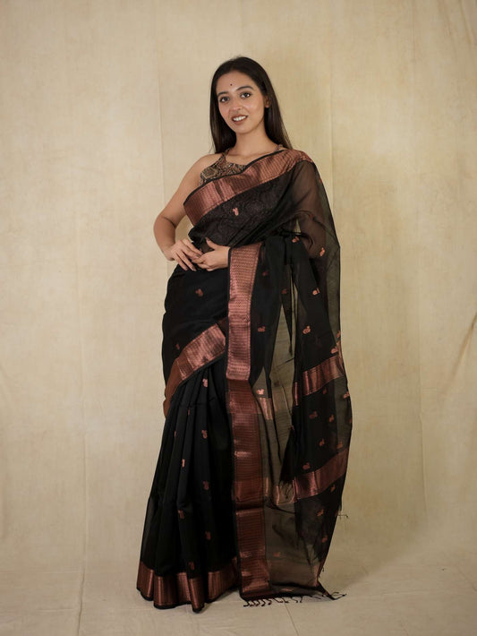 HANDWOVEN BLACK COLOUR MAHESWARI SILK BY COTTON SAREE WITH 88 CM BLOUSE PIECE