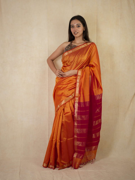 HANDWOVEN ORANGE-GOLDEN COLOUR MAHESWARI SILK BY COTTON SAREE WITH 80 CM BLOUSE PIECE