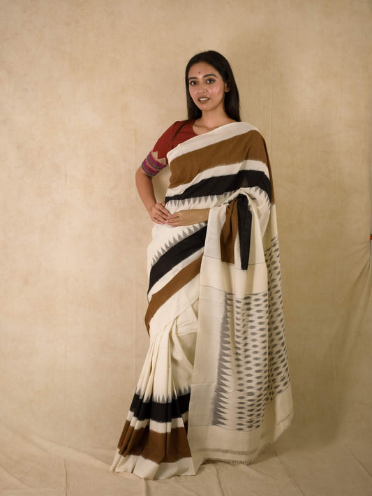 HANDWOVEN OFF-WHITE COLOUR POCHAMPALLY MERCIRISED COTTON SAREE WITH 76 CM BLOUSE PIECE