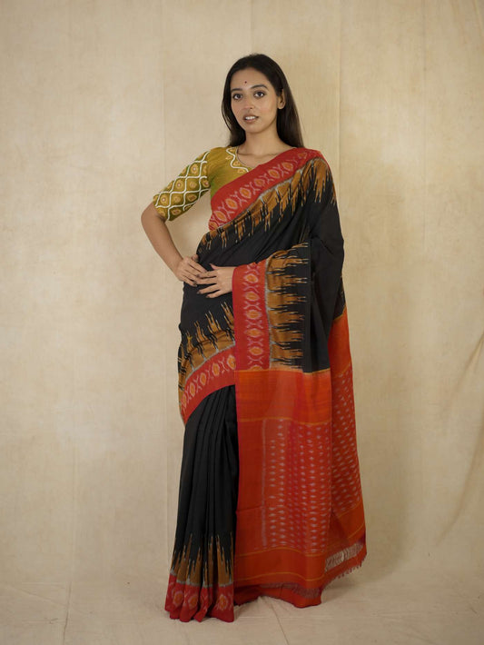 HANDWOVEN BLACK AND RUST-ORANGE COLOUR POCHAMPALLY MERCIRISED COTTON SAREE WITH 1.07 M BLOUSE PIECE
