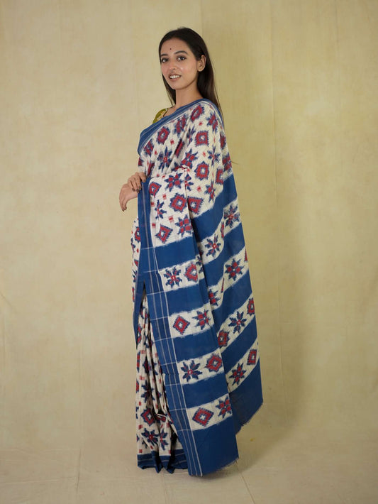 HANDWOVEN BLUE AND WHITE COLOUR POCHAMPALLY MERCIRISED COTTON SAREE WITH 91 CM BLOUSE PIECE