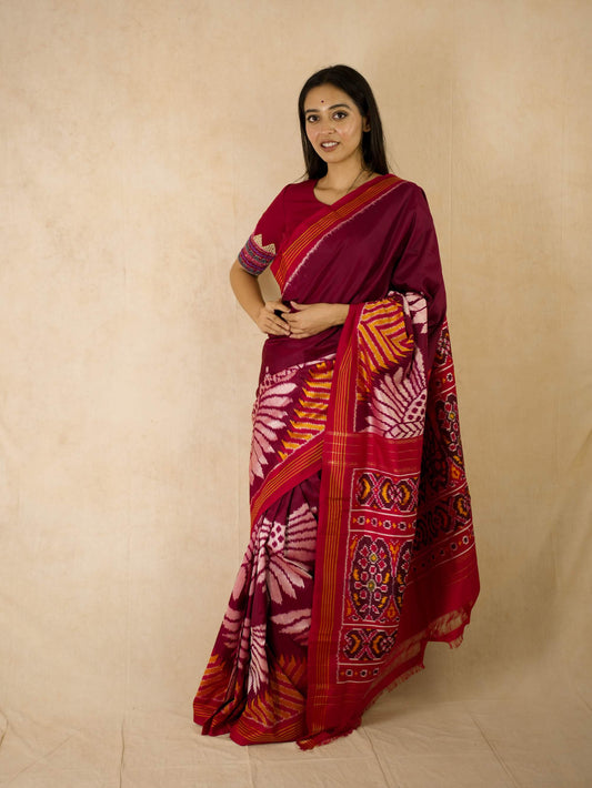 HANDWOVEN MAROON COLOUR POCHAMPALLY SILK SAREE WITH 63 CM BLOUSE PIECE