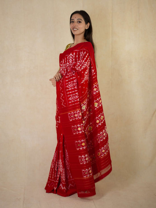 HANDWOVEN RED COLOUR POCHAMPALLY SILK SAREE WITH 80 CM BLOUSE PIECE