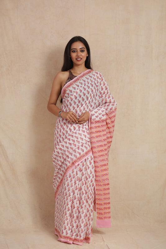 Soft Pink Sanganeri Cotton Saree with Floral Handblock Print & Striped Pallu