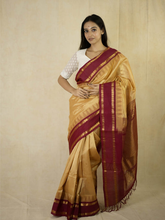 HANDWOVEN PEACH COLOR KANCHIPURAM SILK BY COTTON SAREE WITH 90 CM BLOUSE PIECE