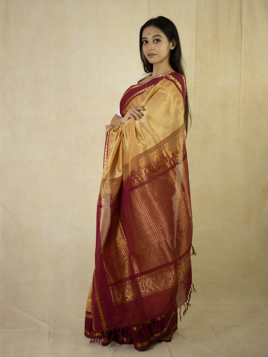 HANDWOVEN PEACH COLOR KANCHIPURAM SILK BY COTTON SAREE WITH 90 CM BLOUSE PIECE