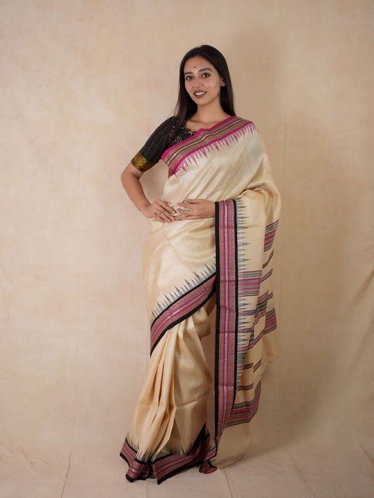 HANDWOVEN OFF-WHITE COLOUR VIDARBHA TUSSAR SILK SAREE IN 1 M BLOUSE PIECE