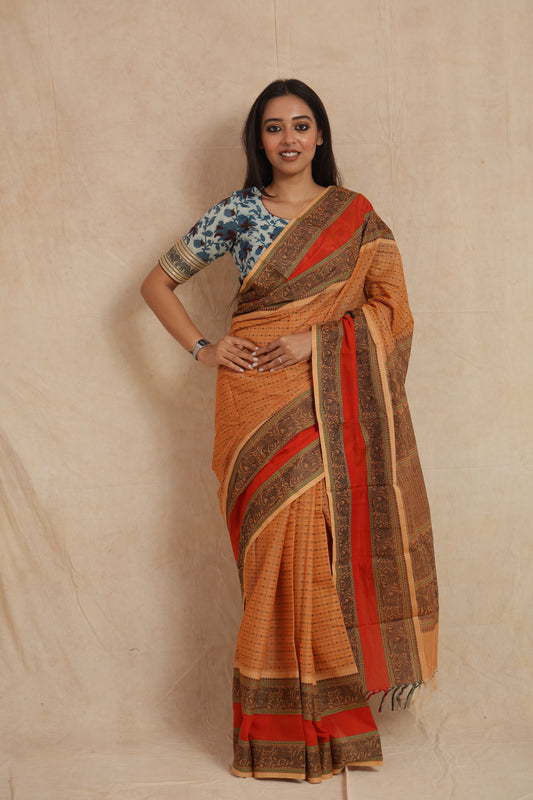 Full front view of beige Kanchipuram cotton saree with intricate woven borders
