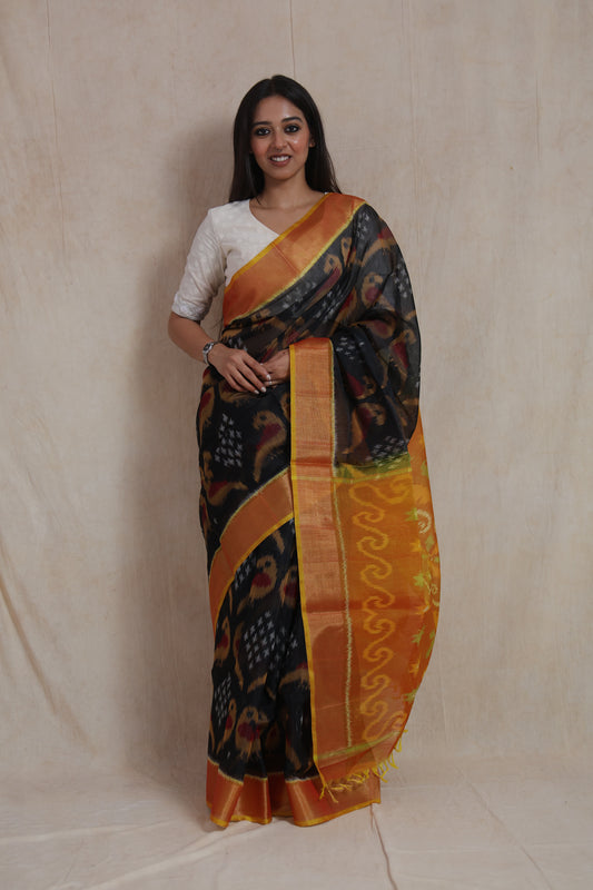 Full front view of handwoven black and mustard Panchampali SICO saree