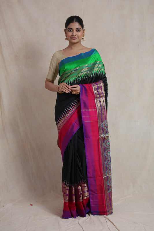 Full front view of black Panchampali silk saree with vibrant contrast pallu