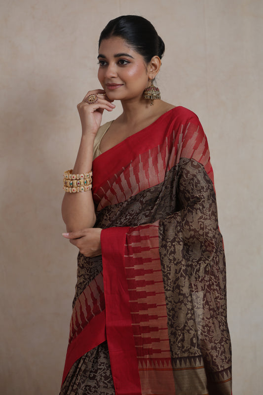 Brown Kanchipuram cotton saree front view with red border