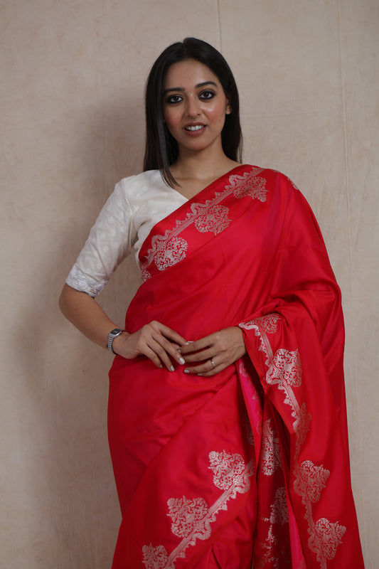 Detailed drape view of Banarasi art silk saree with rich sheen and floral motifs