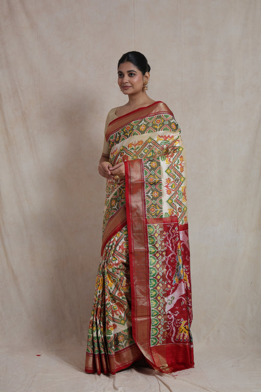 Ivory & Crimson Pochampali Silk Saree with Traditional Woven Pallu