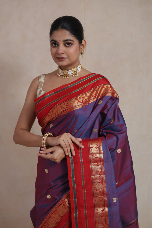 Portrait view of royal violet Kanjivaram silk saree with golden zari motifs