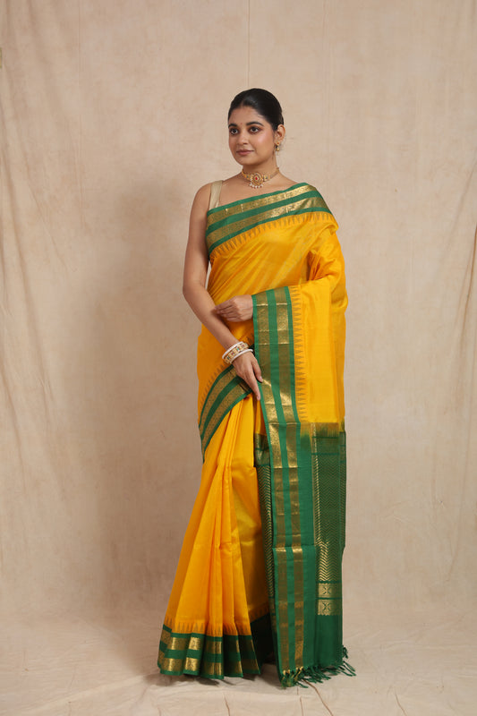 Full look of yellow Kanchipuram Sico saree with rich green pallu