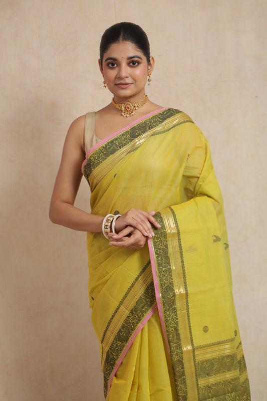 Portrait styling in greenish yellow Kanchipuram cotton saree