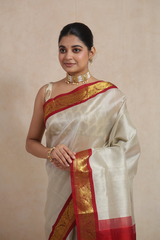 Portrait view of model wearing ivory Kanchipuram Sico saree with red border