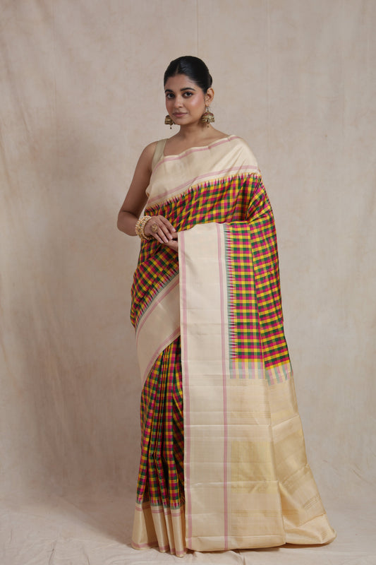 Ivory Kanjivaram pure silk saree featuring vibrant multicolor checked weave and elegant contrast border