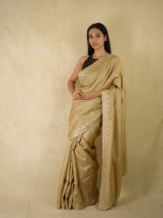HAND ZARDOSI BEIGE COLOUR TUSSAR SILK SAREE
