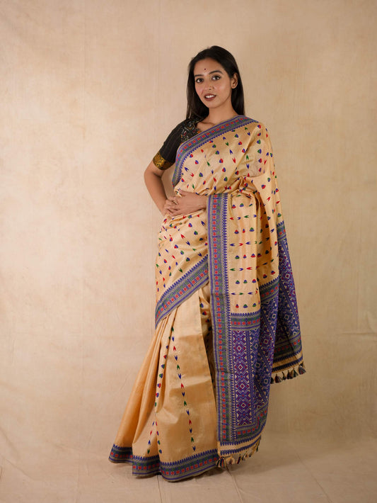 HANDWOVEN BEIGE COLOUR ASSAM SILK SAREE WITH 73 CM BLOUSE PIECE