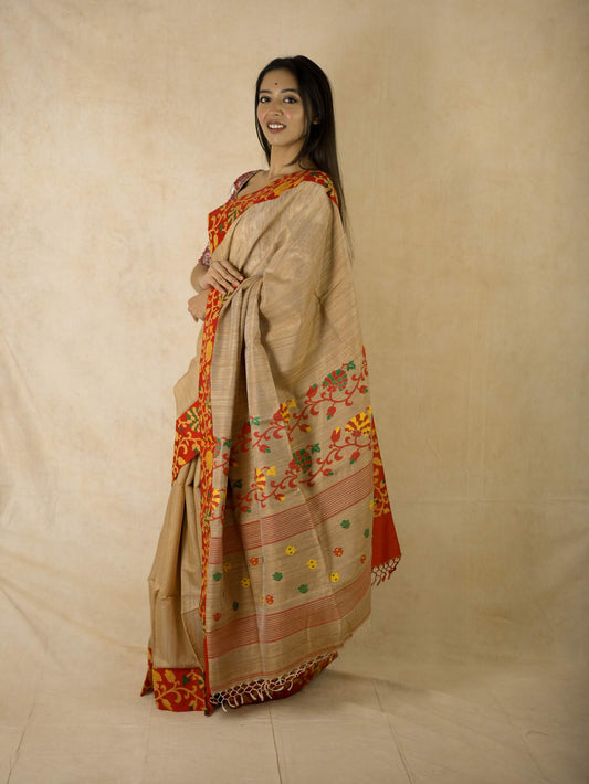 HANDWOVEN BEIGE COLOUR MATKA SILK SAREE WITH 88 CM BLOUSE PIECE