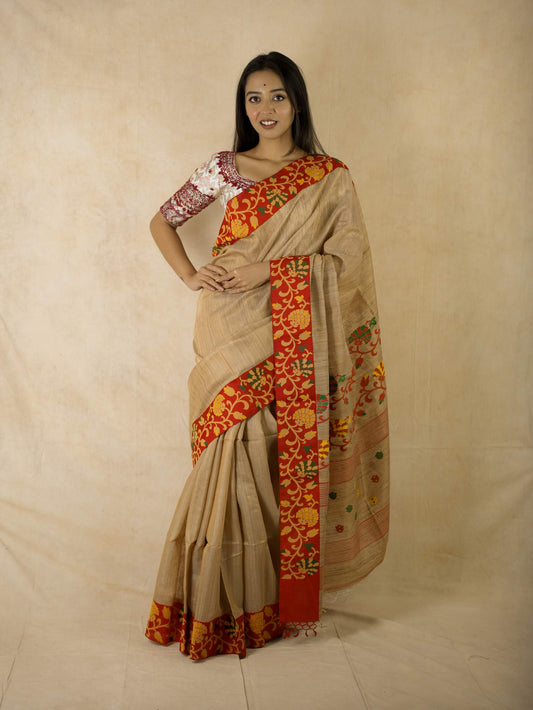 HANDWOVEN BEIGE COLOUR MATKA SILK SAREE WITH 88 CM BLOUSE PIECE