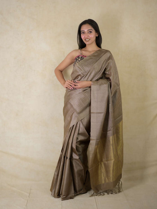 HANDWOVEN BEIGISH BROWN COLOUR KOSA SILK SAREE WITH 1 M BLOUSE PIECE
