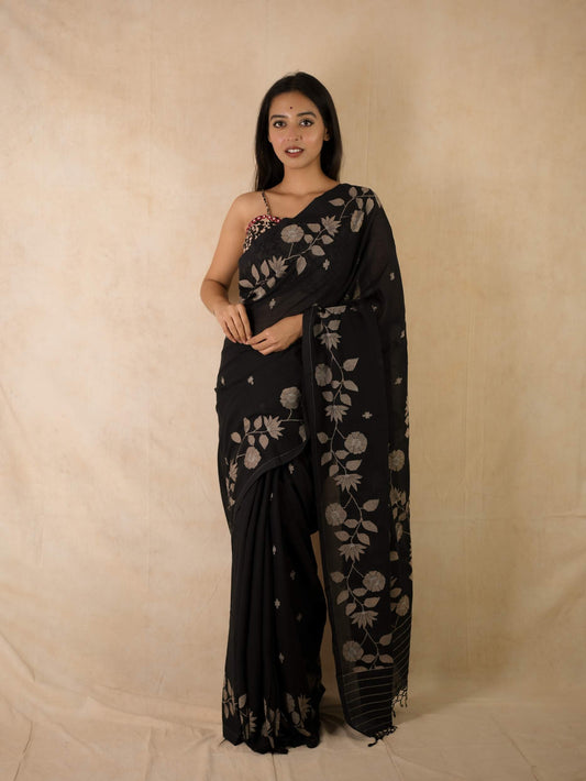 HANDWOVEN BLACK COLOUR COTTON JAMDANI SAREE WITH 83 CM BLOUSE PIECE