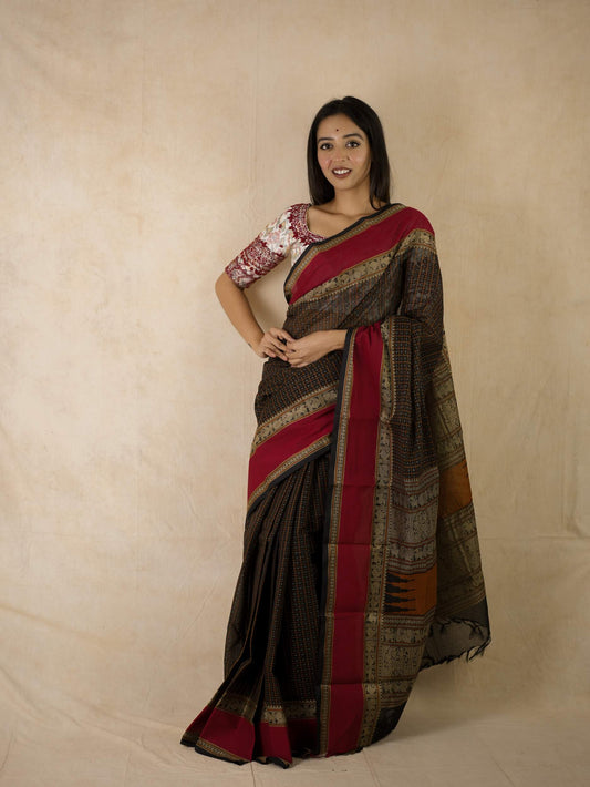 HANDWOVEN BLACK COLOUR KANCHI COTTON SAREE WITH 76 CM BLOUSE PIECE