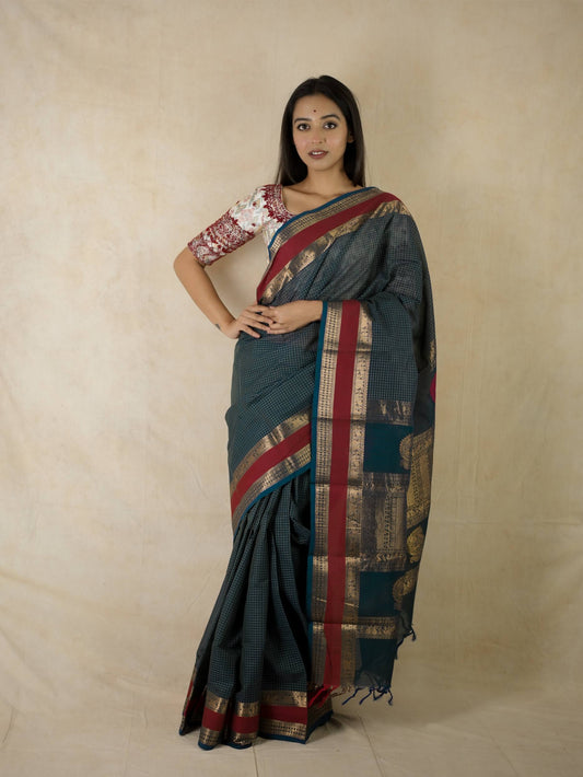 HANDWOVEN BLUE COLOUR KANCHI COTTON SAREE WITH 75 CM BLOUSE PIECE