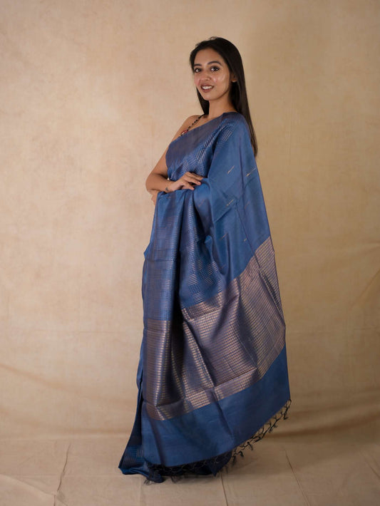 HANDWOVEN BLUE COLOUR KOSA SILK SAREE WITH 76 CM BLOUSE PIECE
