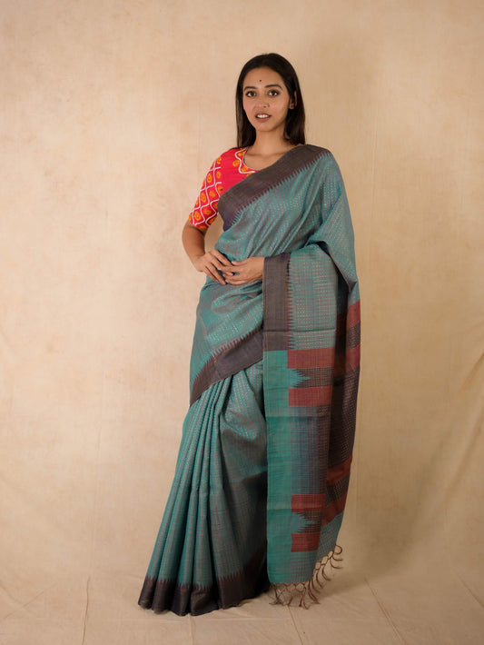 HANDWOVEN COBALT BLUE & GOLDEN DUAL TONE KOSA SILK SAREE WITH 71 CM BLOUSE PIECE