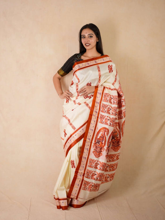 HANDWOVEN CREAM COLOUR GOROD SILK SAREE WITH 90 CM BLOUSE PIECE